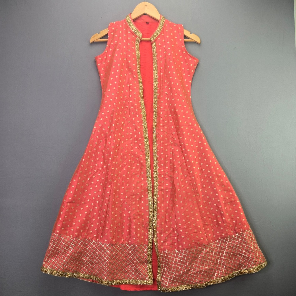 Indian Long Jacket Kurta 30 Coral Pink Gold Embroidered Sleeveless Vest Dress